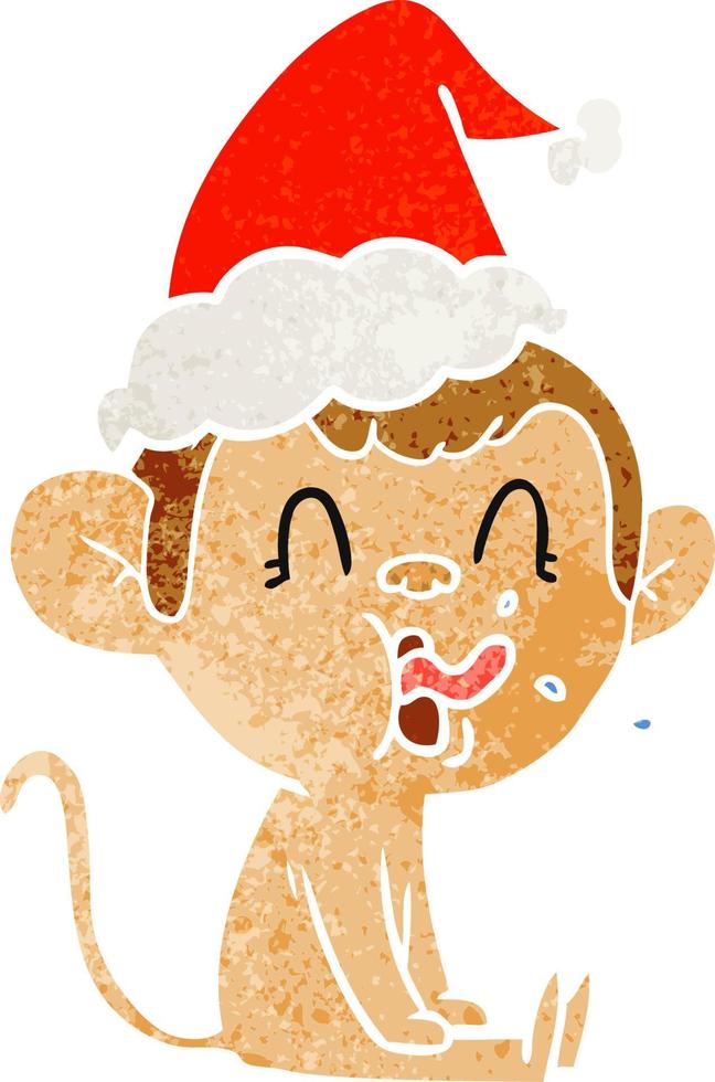 crazy retro cartoon of a monkey sitting wearing santa hat vector