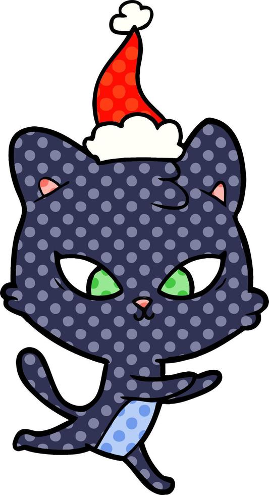 cute comic book style illustration of a cat wearing santa hat vector