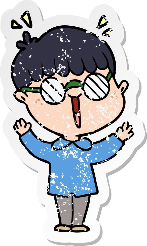 distressed sticker of a cartoon boy wearing spectacles vector