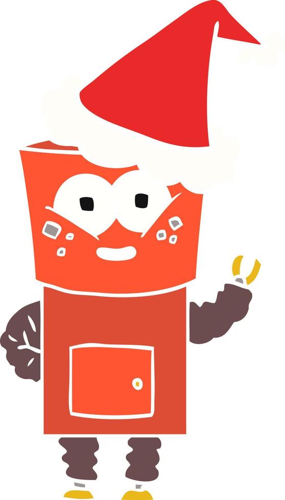 happy flat color illustration of a robot waving hello wearing santa hat vector