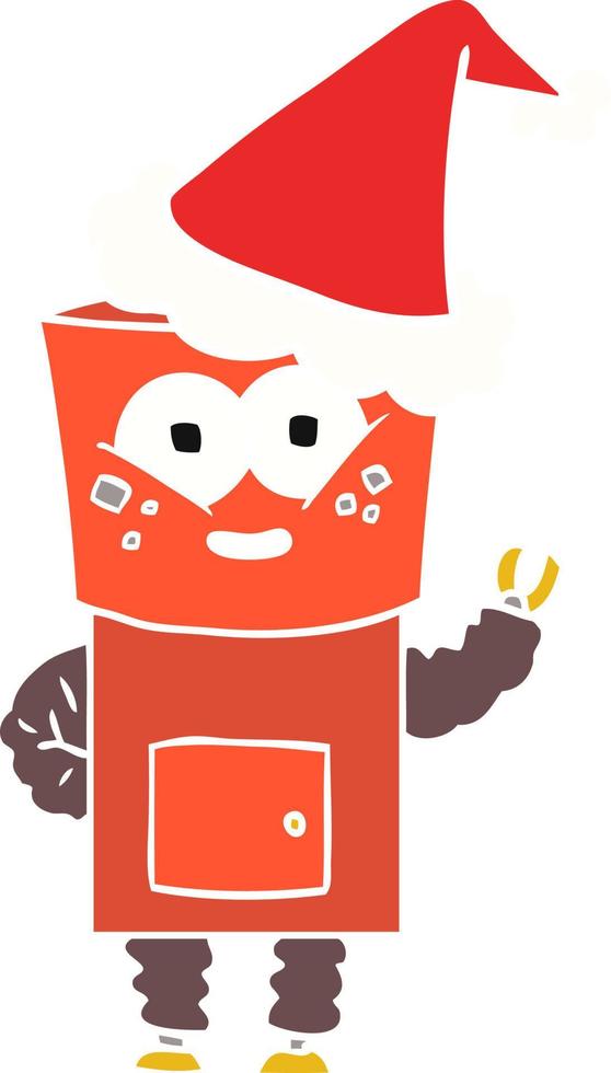 feliz ilustración de color plano de un robot saludando con sombrero de santa vector