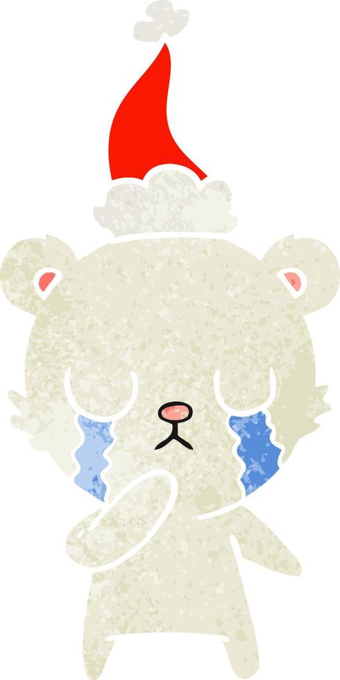 crying polar bear retro cartoon of a wearing santa hat vector