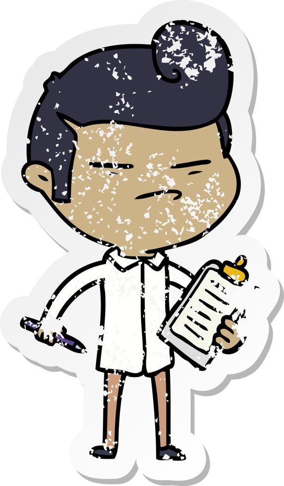 distressed sticker of a cartoon cool guy with fashion hair cut and clip board vector
