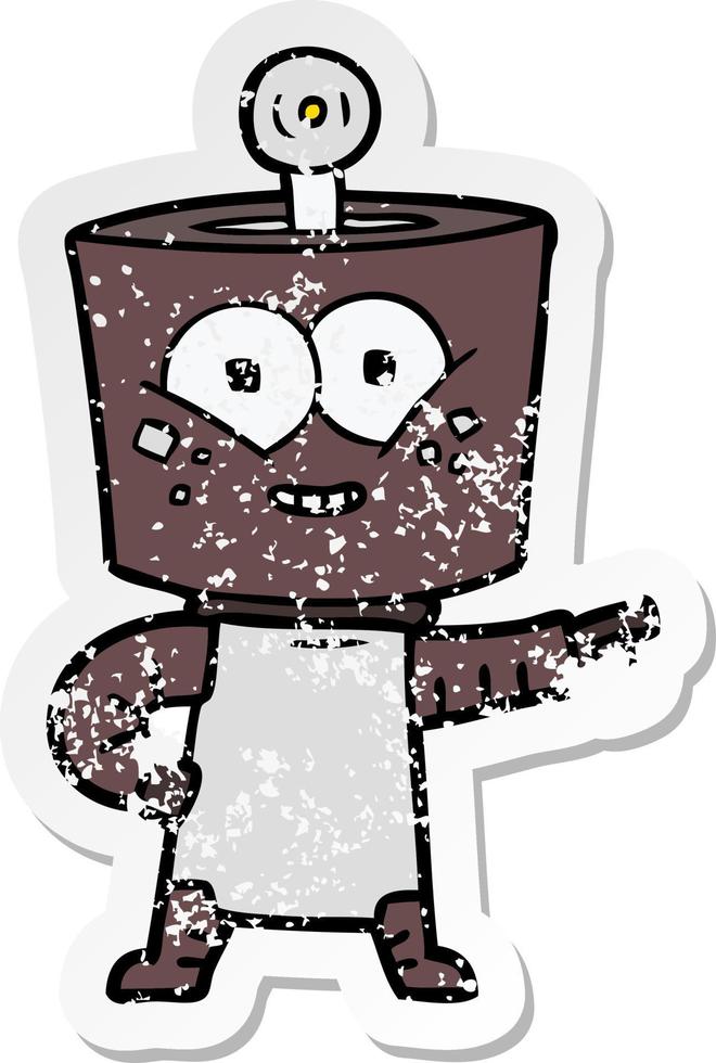 distressed sticker of a happy cartoon robot pointing vector