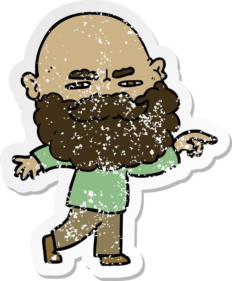 distressed sticker of a cartoon man with beard frowning and pointing vector