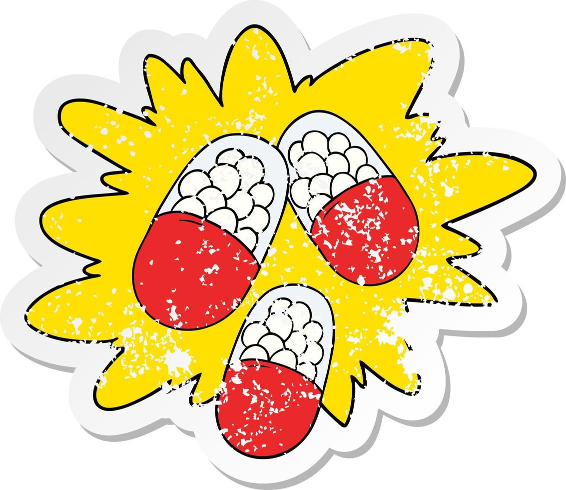 distressed sticker of a cartoon powerful pills vector