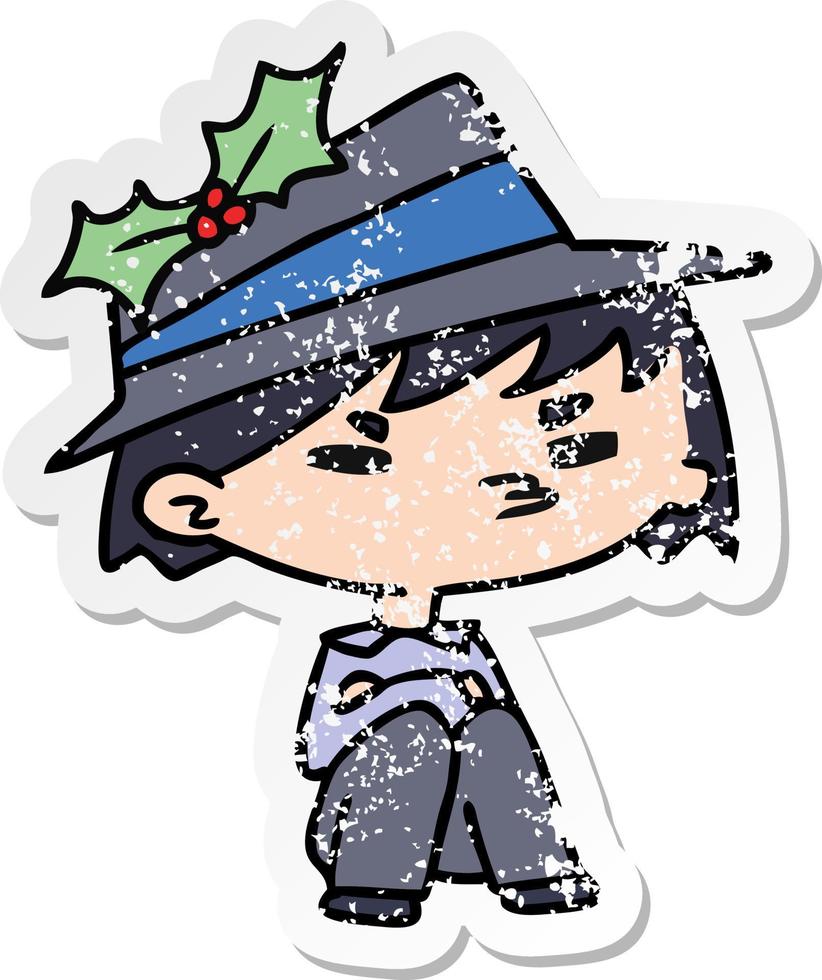 christmas distressed sticker cartoon of kawaii boy vector