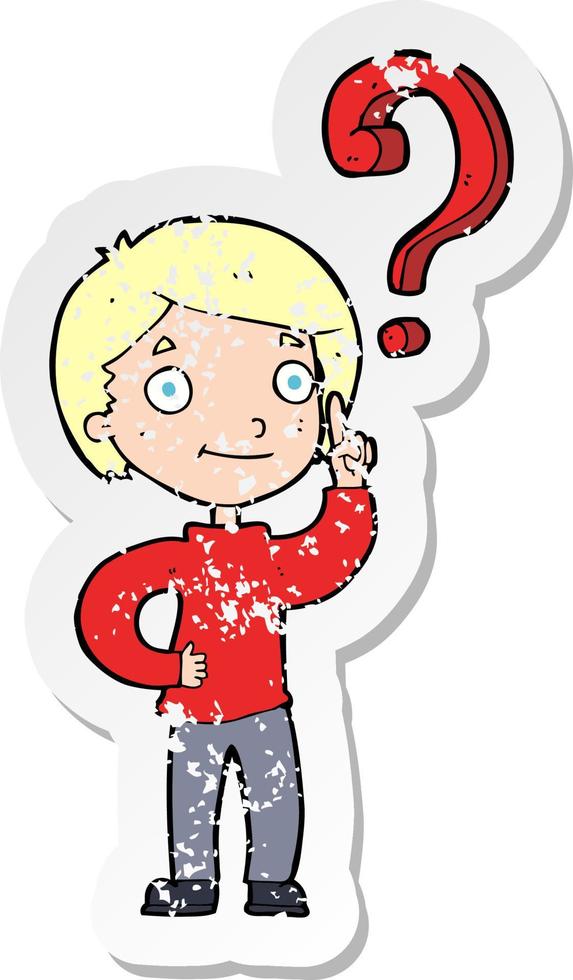 retro distressed sticker of a cartoon boy asking question vector