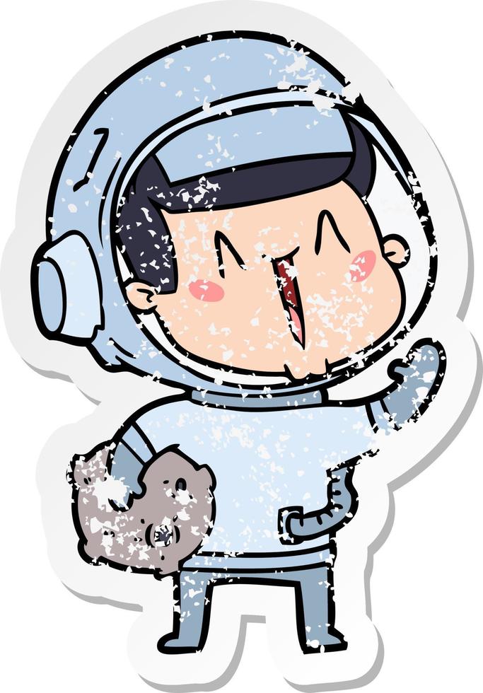 distressed sticker of a happy cartoon astronaut with moon rock vector