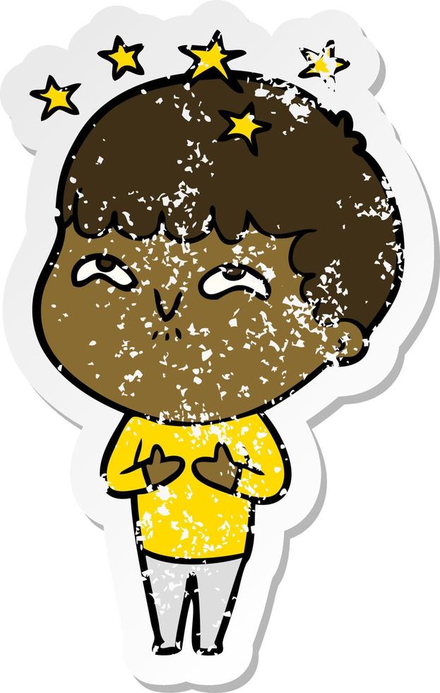 distressed sticker of a cartoon amazed boy vector