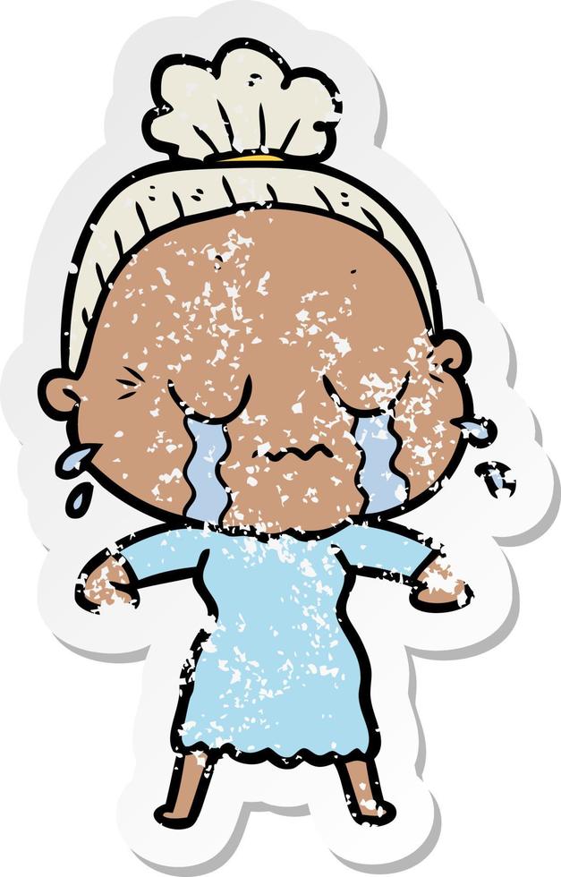 distressed sticker of a cartoon crying old lady vector