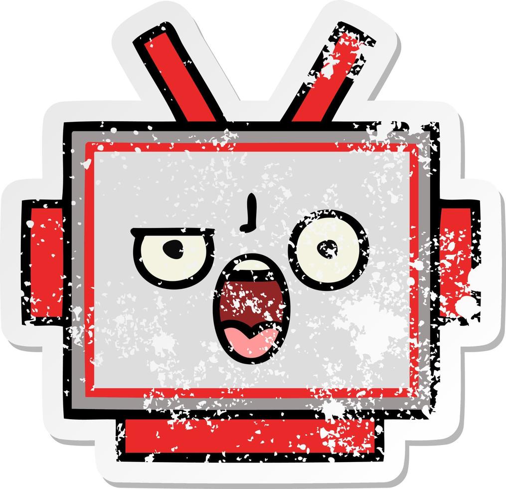 distressed sticker of a cute cartoon robot head vector