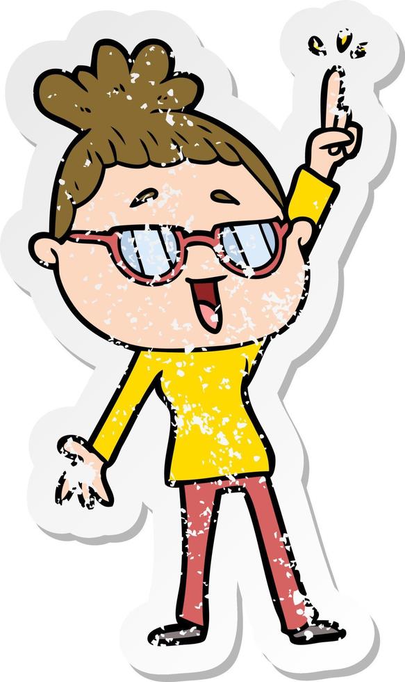 distressed sticker of a cartoon happy woman wearing spectacles vector
