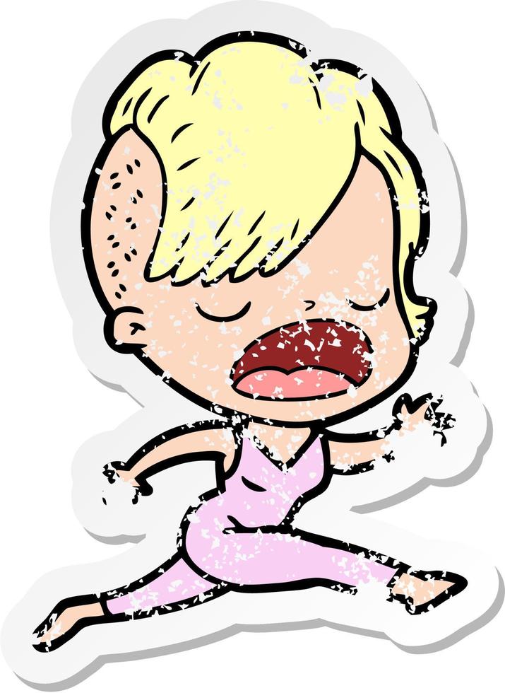 distressed sticker of a cartoon cool hipster girl talking vector