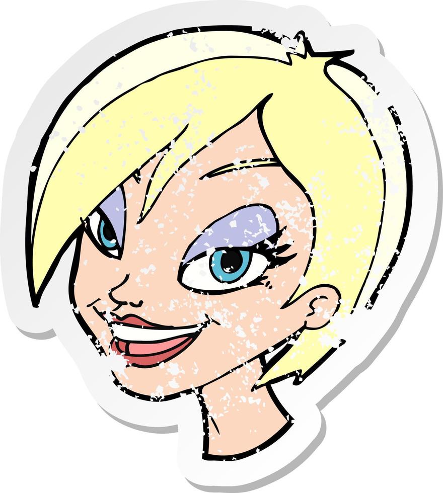 retro distressed sticker of a cartoon pretty female face vector