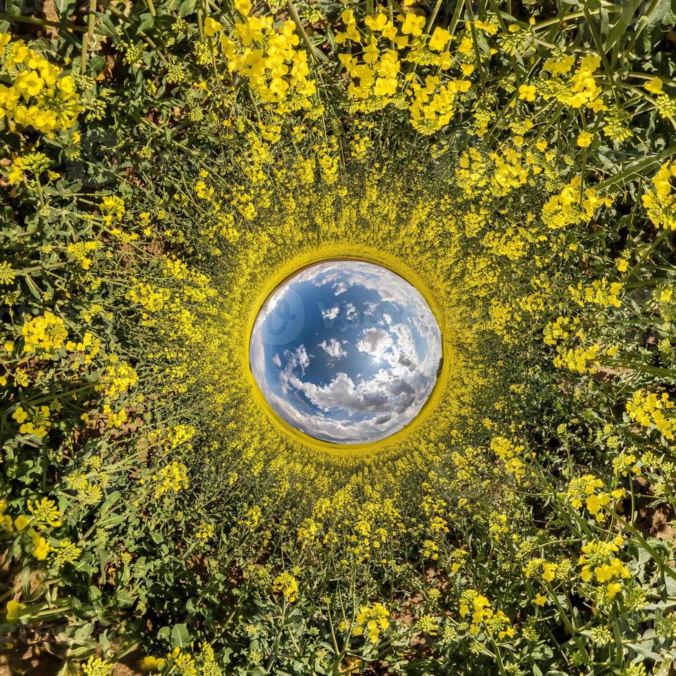 inversion of Little planet transformation of spherical panorama 360 degrees. Spherical abstract aerial view in field with awesome beautiful clouds. Curvature of space. photo