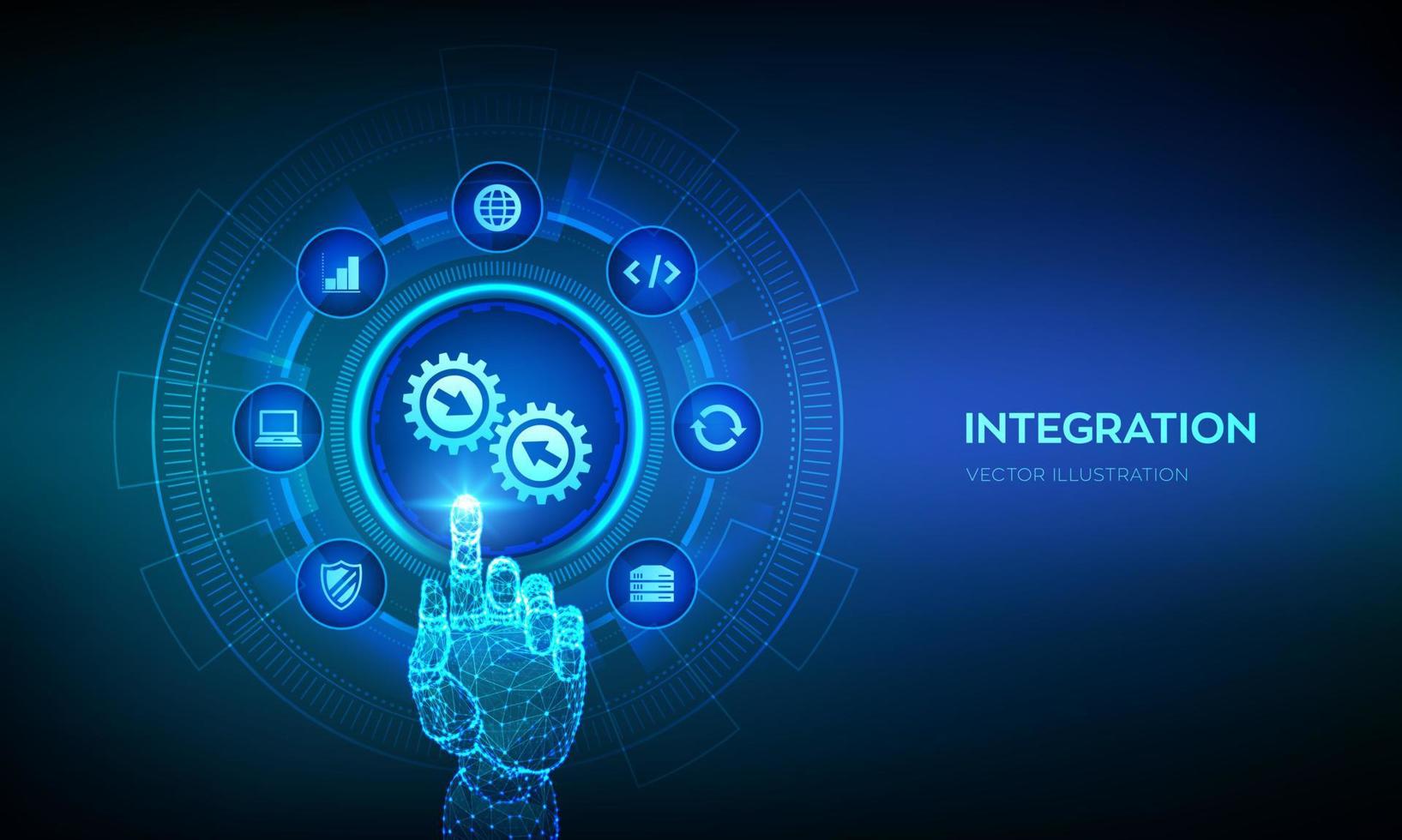 Integration data system. System Integration concept on virtual screen. Industrial smart technology. Business automation solutions. Robotic hand touching digital interface. Vector illustration.