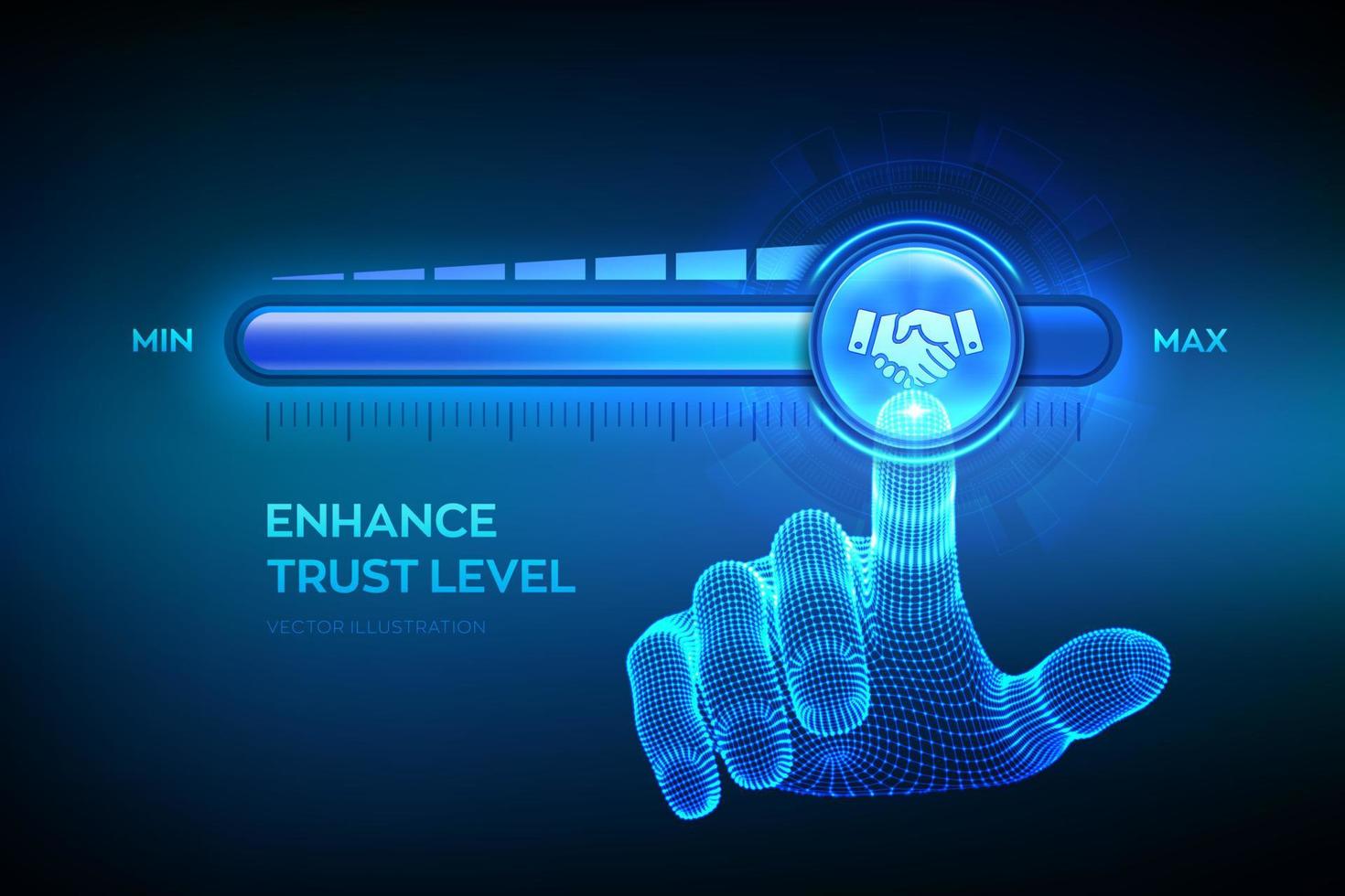 Trust concept. Increasing confidence Level. Wireframe hand is pulling up to the maximum position progress bar with the trust icon. High confidence level concept. Vector illustration.