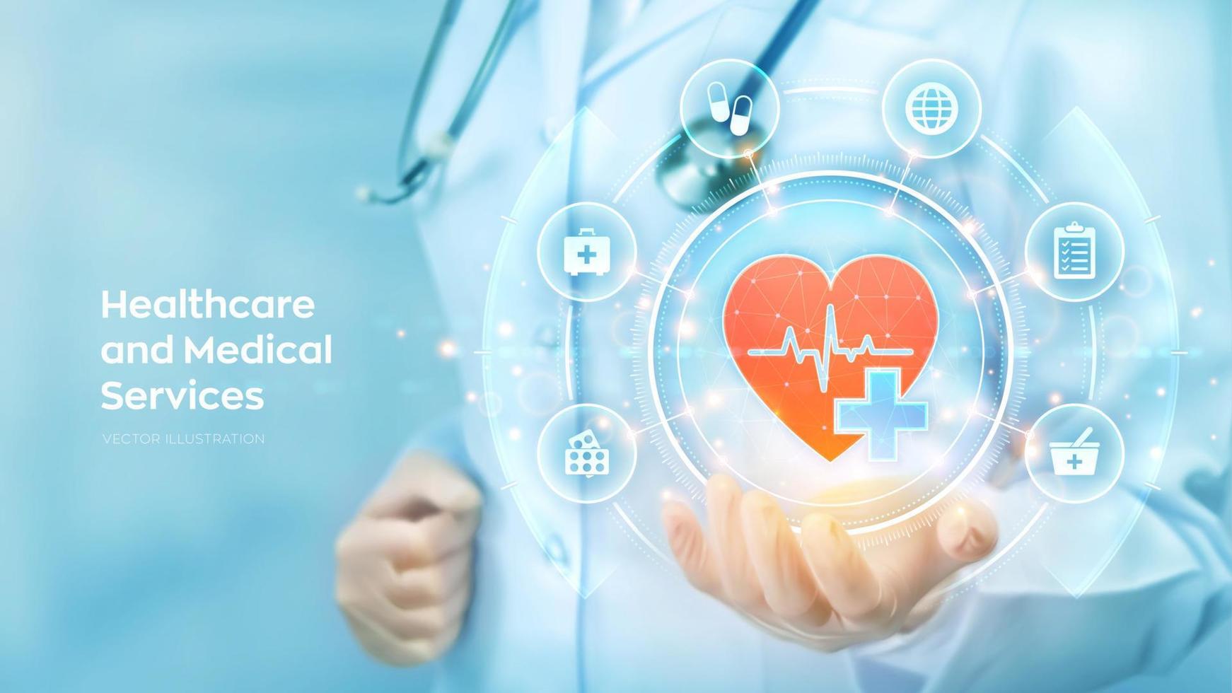 Healthcare, Medical services. Doctor holding in hand red heart shape and medical icon network connection on virtual screen. Health care, Medicine technology network concept. Vector illustration.