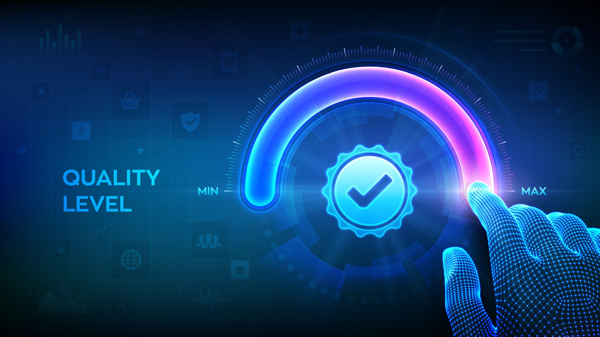 Quality levels growth. Wireframe hand is pulling up to the maximum