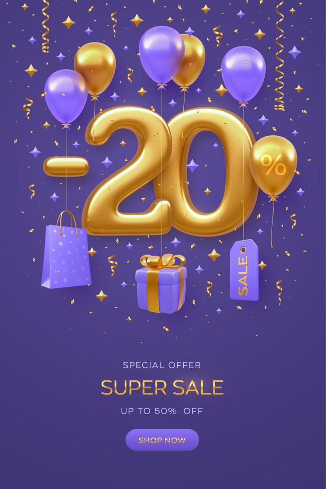 20 percent Off discount promotion Sale banner design on purple background. Realistic gold 3D 20 number with shopping bag, price tag, gift box with golden bow, fly helium balloons. Vector illustration.