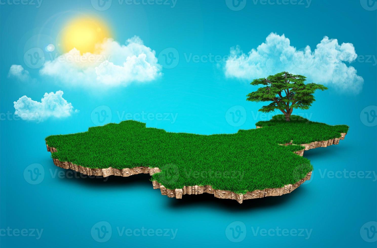 China Map, Realistic 3D Map of Clouds Tree sun rays on bright blue Sky 3d illustration photo