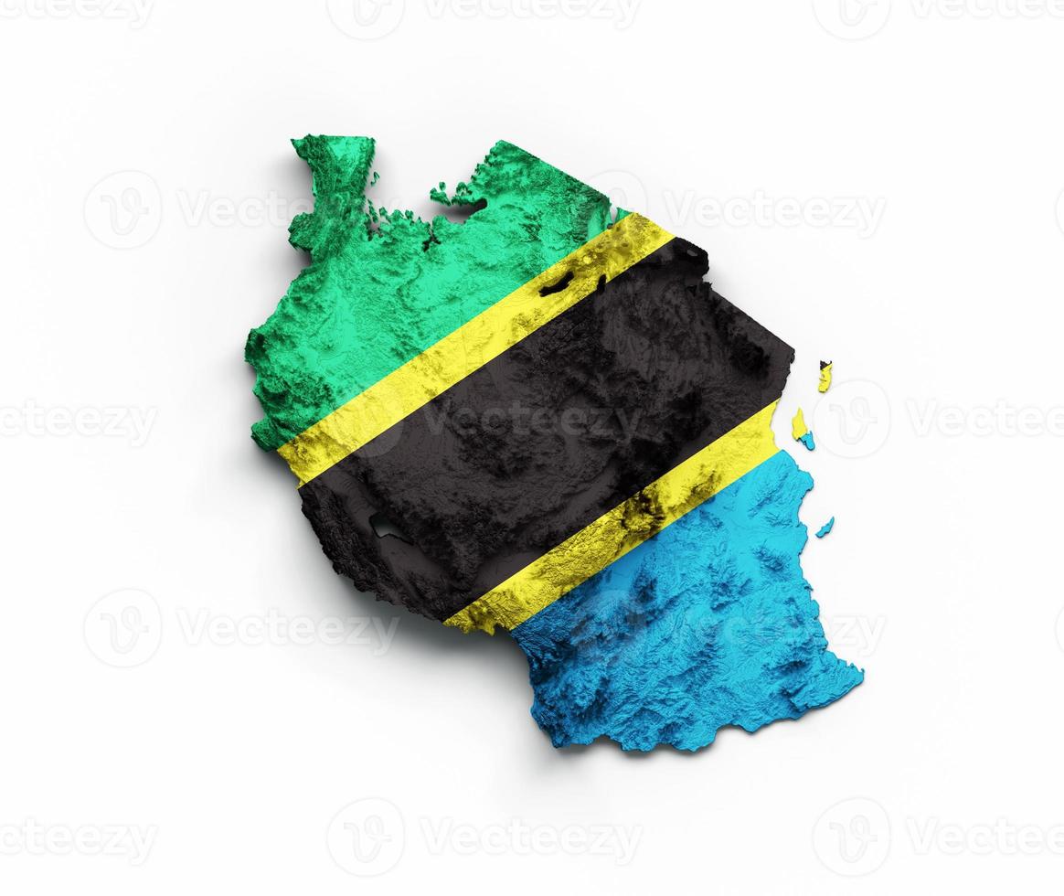 Tanzania Map Flag Shaded relief Color Height map on white Background 3d illustration photo