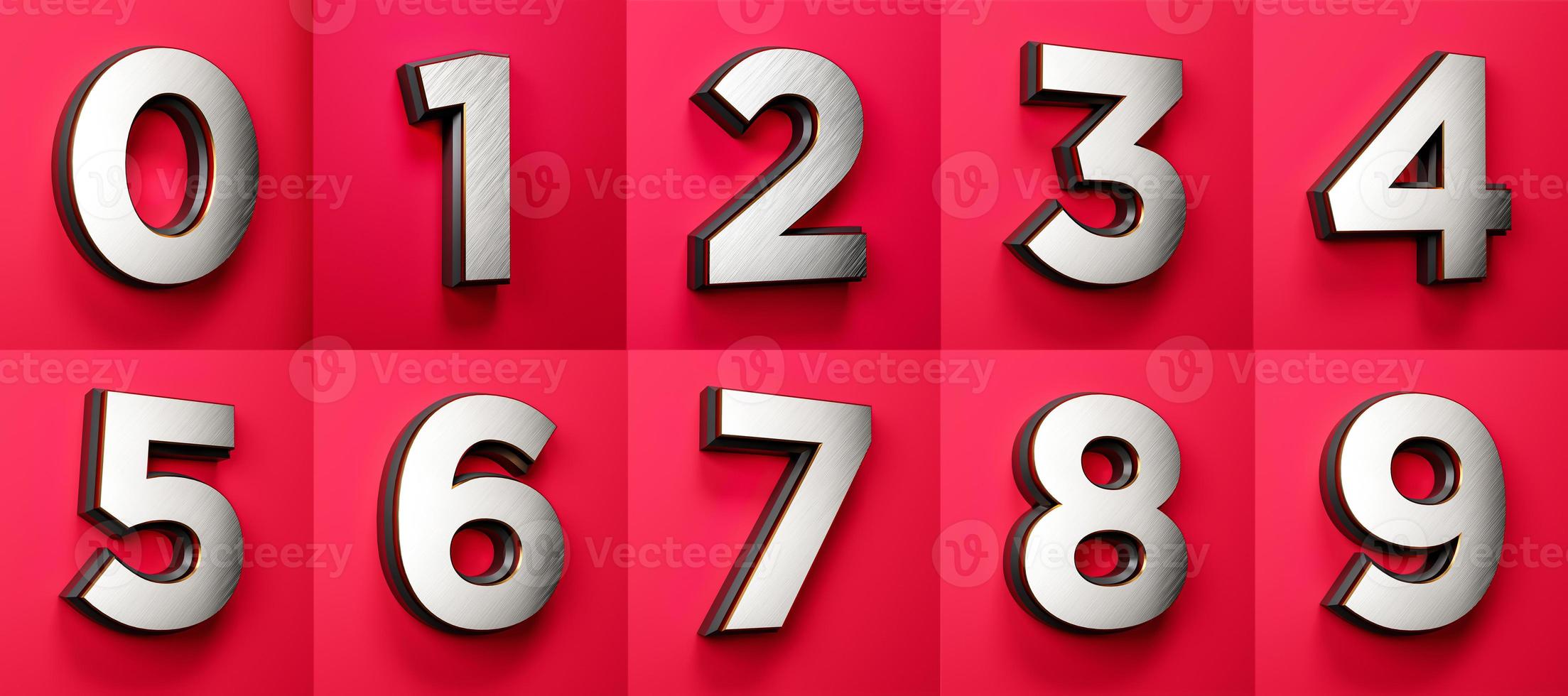 0, 1, 2, 3, 4, 5, 6, 7, 8, 9, números de lámina de plata blanca borde negro sobre un fondo rojo en representación 3d foto