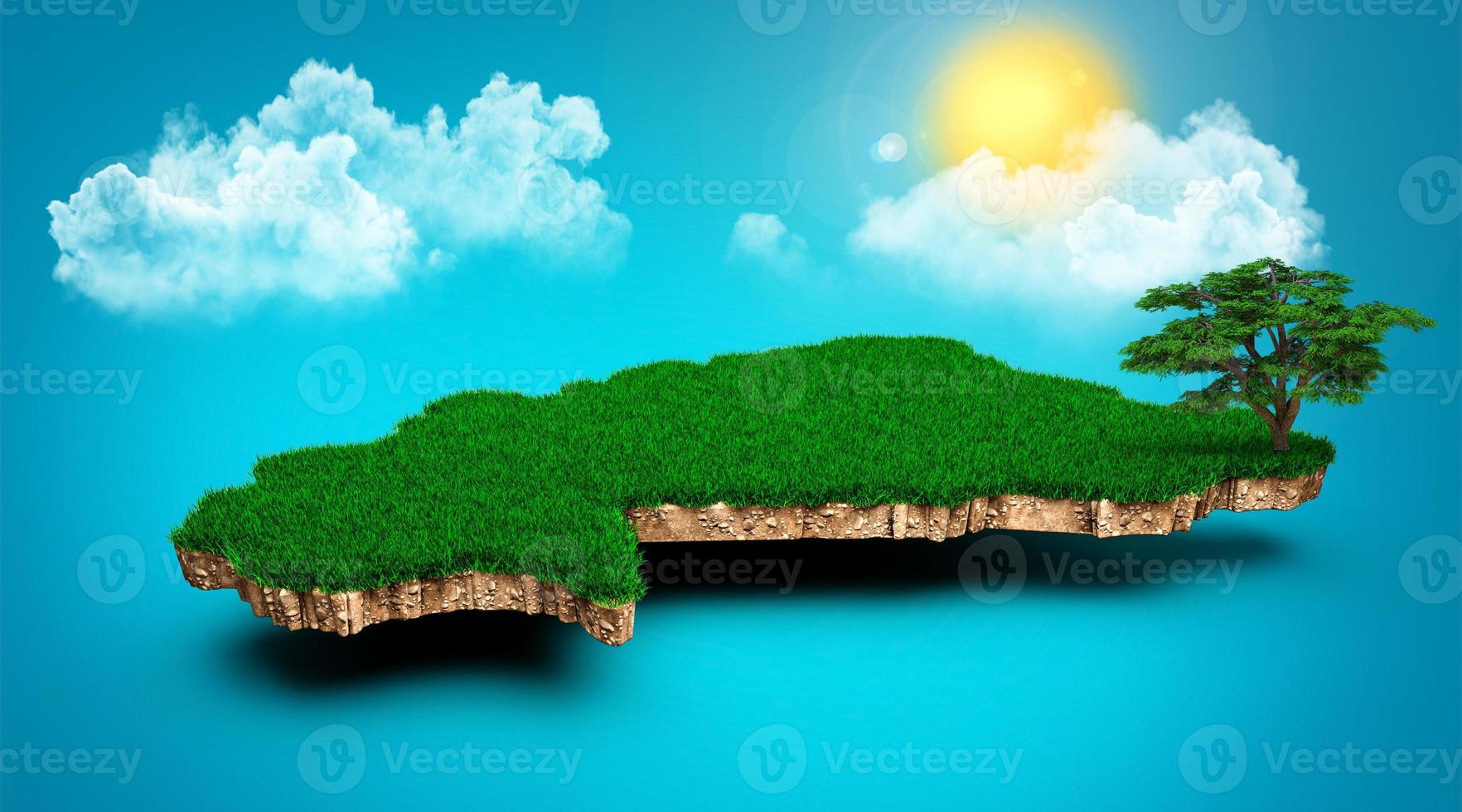 Burkina Faso Map, Realistic 3D Map of Clouds Tree sun rays on bright blue Sky 3d illustration photo