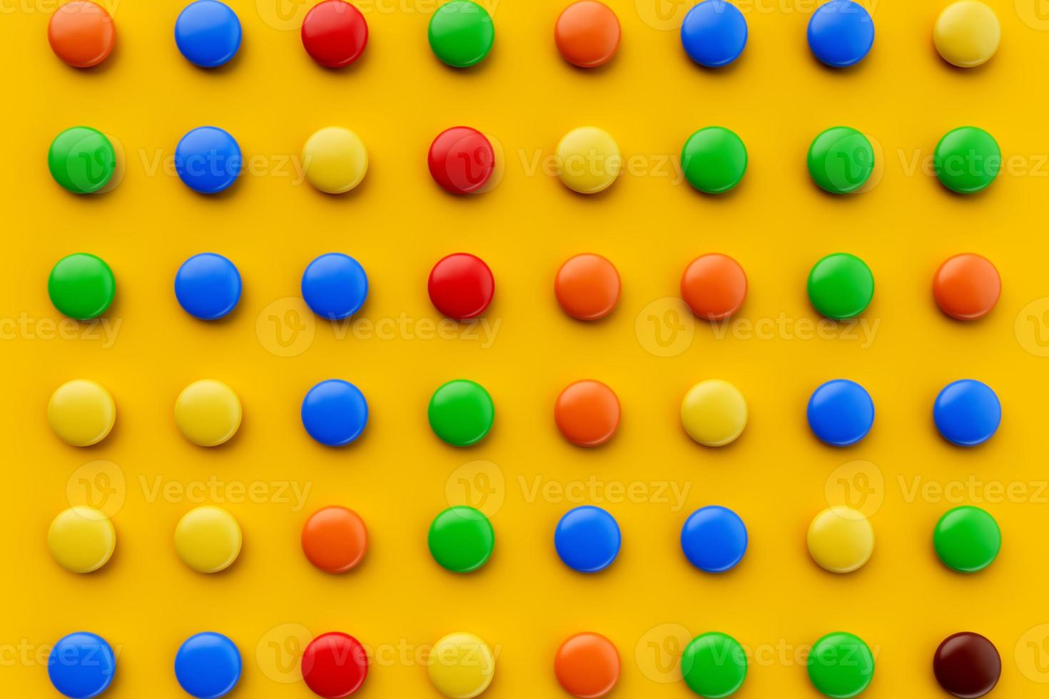 Colored balls of sugar on a yellow. Chocolate candies covered with multicolored sugar glaze. 3d illustration photo
