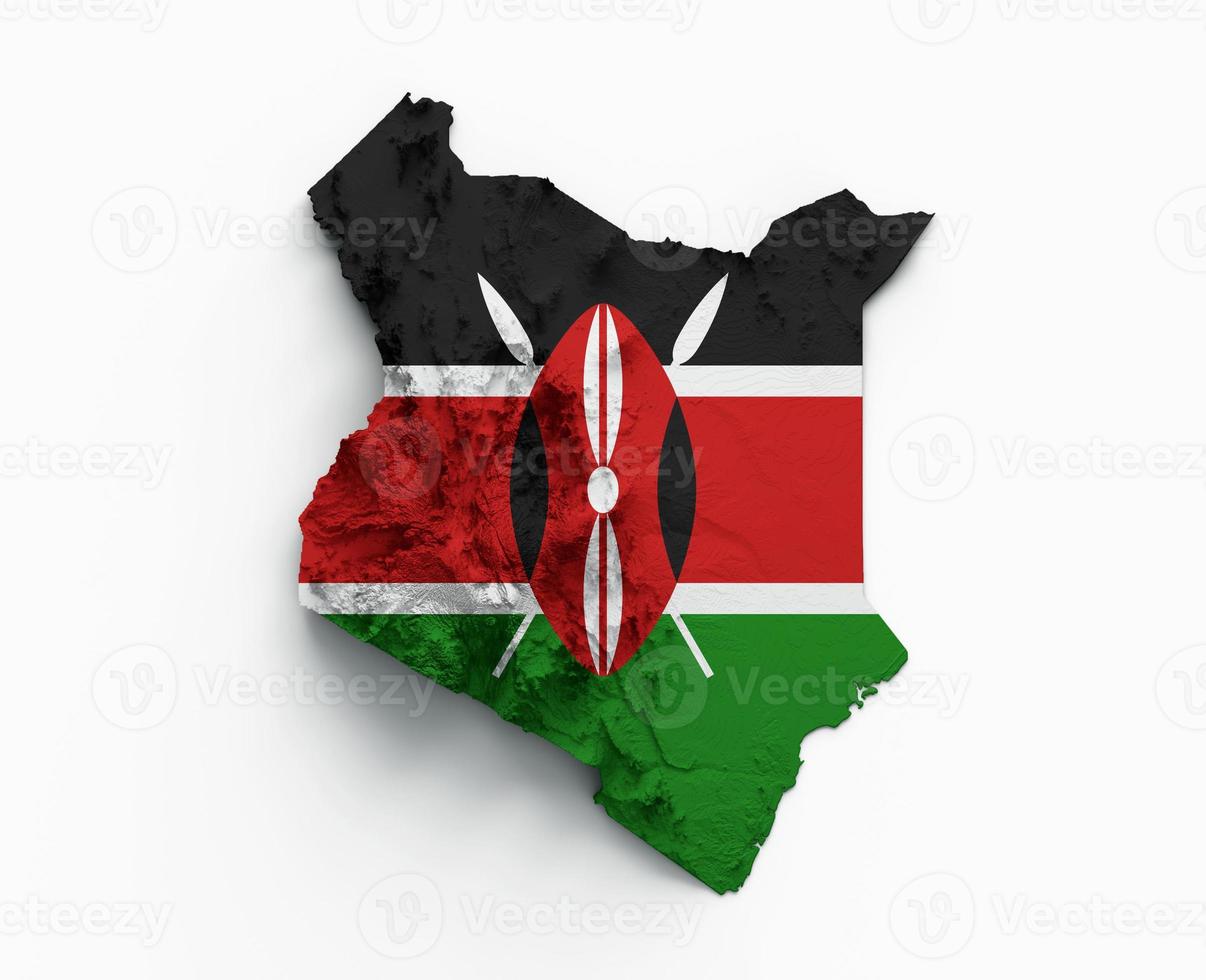 Kenya Map Flag Shaded relief Color Height map on white Background 3d illustration photo