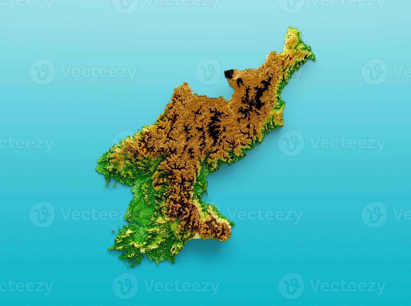 mapa de corea del norte mapa de altura de color de relieve sombreado en el fondo azul del mar ilustración 3d foto