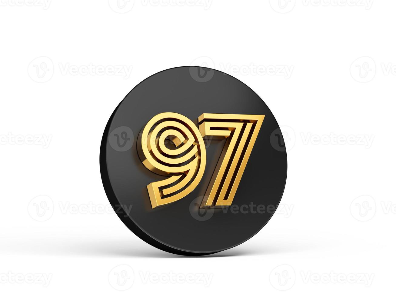 Royal Gold Modern Font. Elite 3D Digit Letter 97 ninety seven on Black 3d button icon 3d Illustration photo