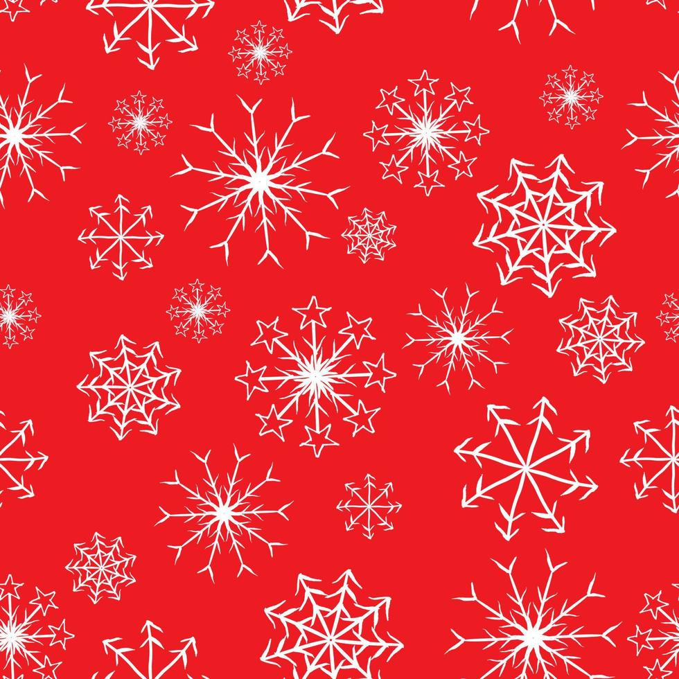 patrón de vector transparente con copos de nieve blancos sobre un fondo rojo. imprimir para diseños navideños