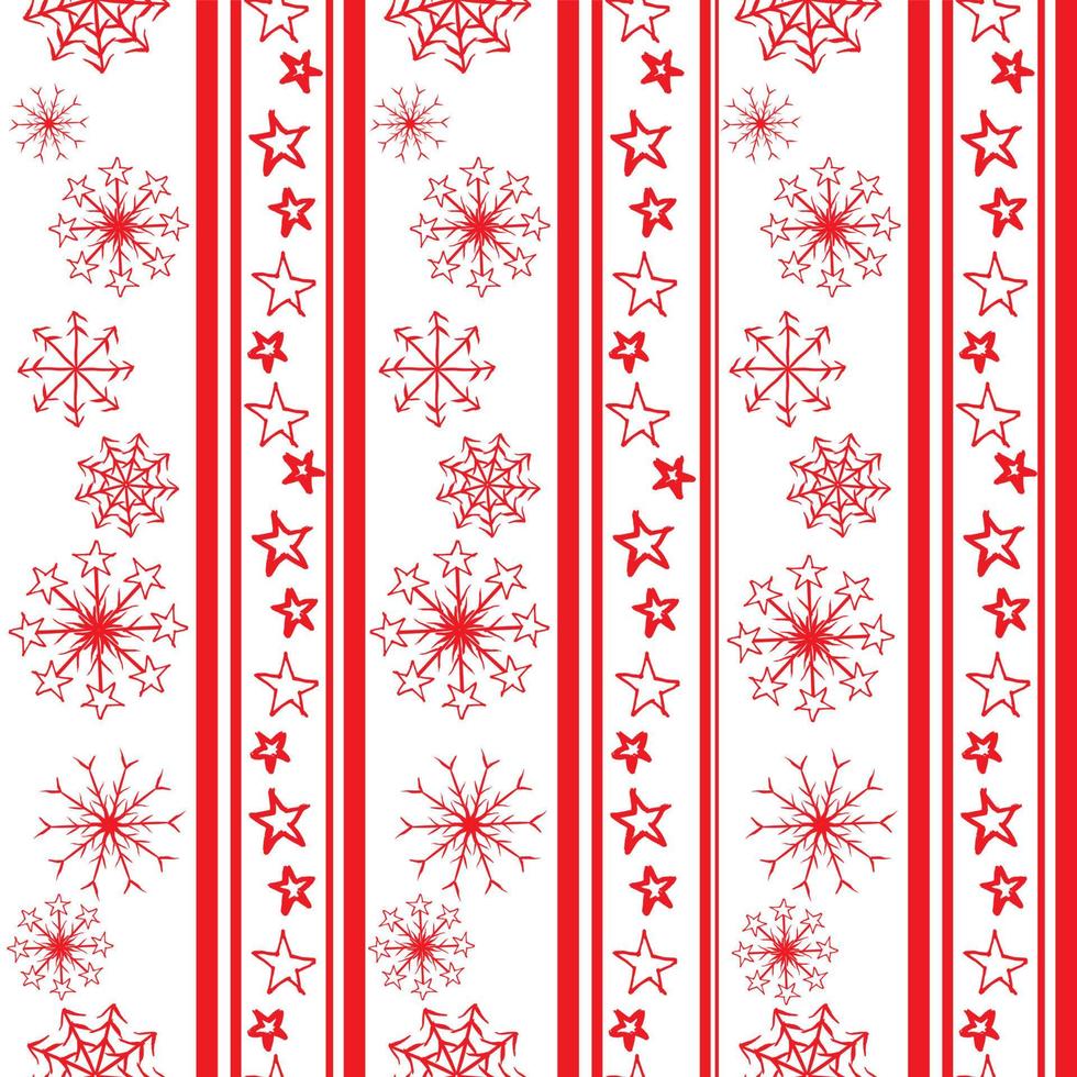 patrón de navidad vectorial sin costuras con rayas rojas de estrellas y copos de nieve sobre un fondo blanco. buena impresión para envolver papel y diseño de embalaje vector