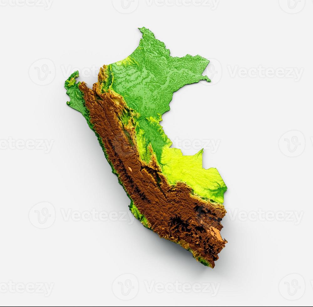 Peru Map Shaded relief Color Height map on white Background 3d illustration photo