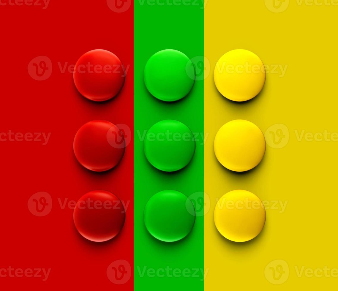 Colorful delicious chocolate candies or buttons lying in several rows, forming Traffic lights Concept Isolated on a colorful background 3d illustration photo