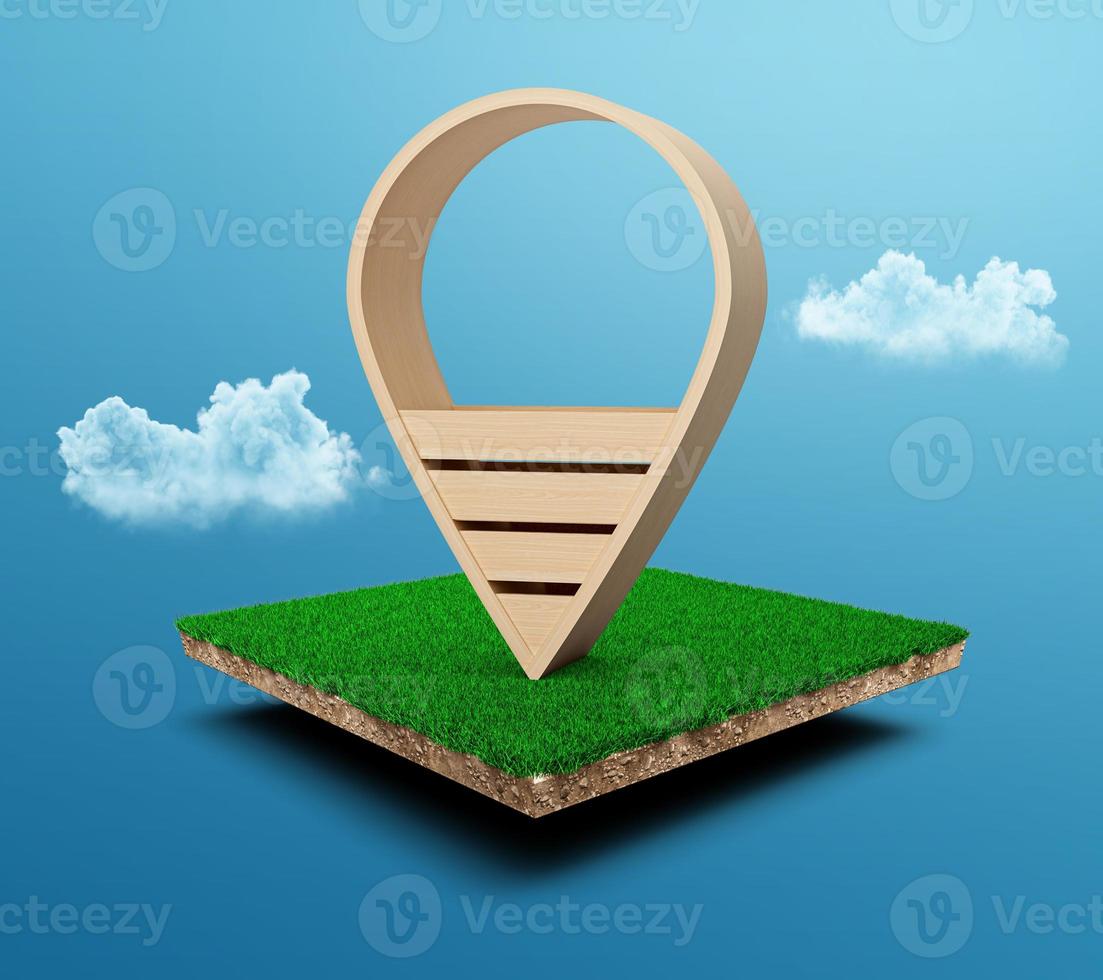 icono de pin de ubicación de madera en la sección transversal de geología terrestre del suelo cúbico con hierba verde, ecología del suelo aislada en el cielo azul. ilustración 3d foto