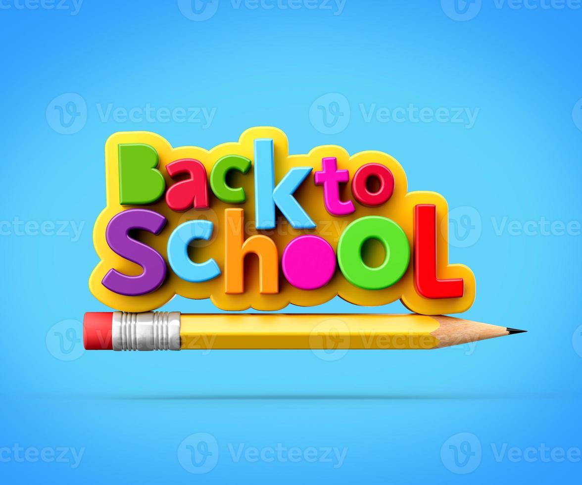 Back to school banner flying Pencil rocket on bright blue background 3d illustration photo