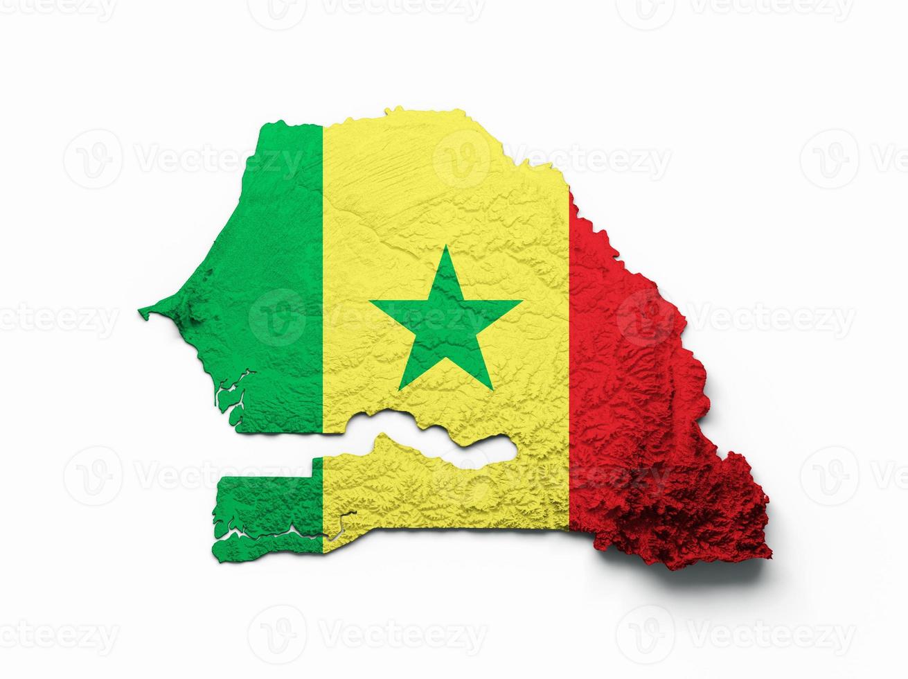 mapa de senegal bandera mapa de altura de color de relieve sombreado sobre fondo blanco ilustración 3d foto