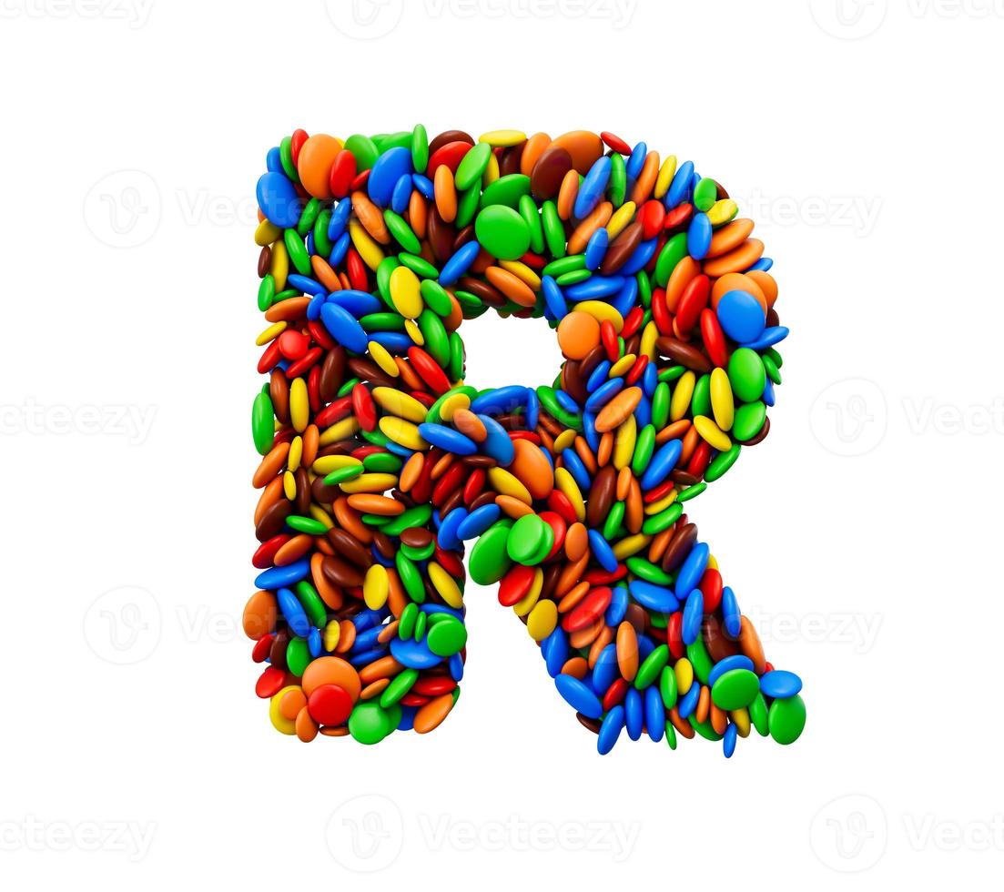 letra r de caramelos de arco iris multicolor festivo aislado sobre fondo blanco ilustración 3d foto