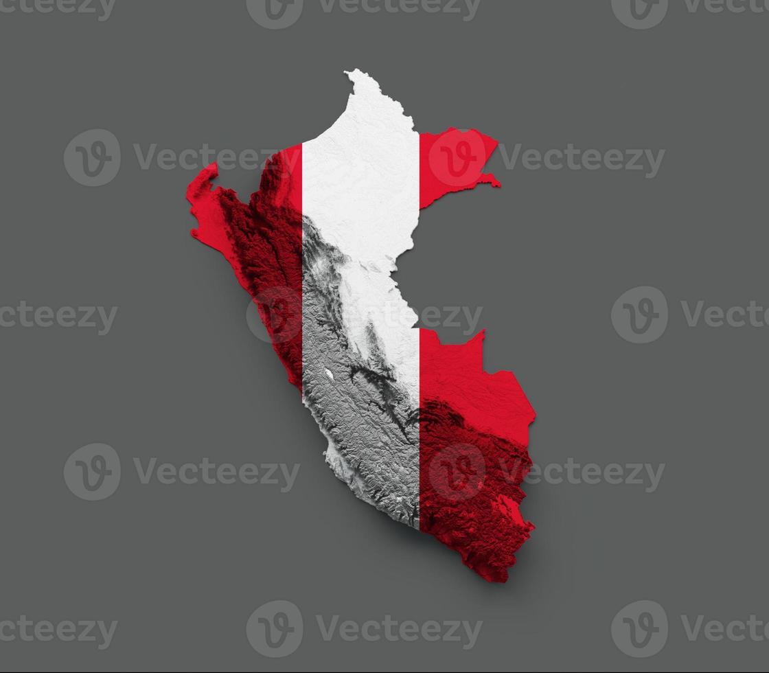 Peru Map Flag Shaded relief Color Height map on white Background 3d illustration photo