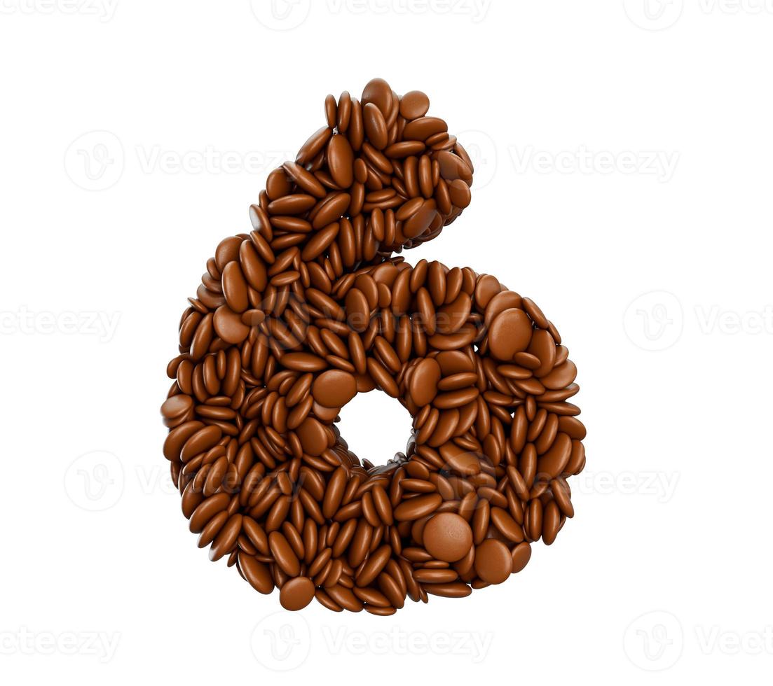 Digit 6 made of chocolate Coated Beans Chocolate Candies Alphabet Word Six 3d illustration photo