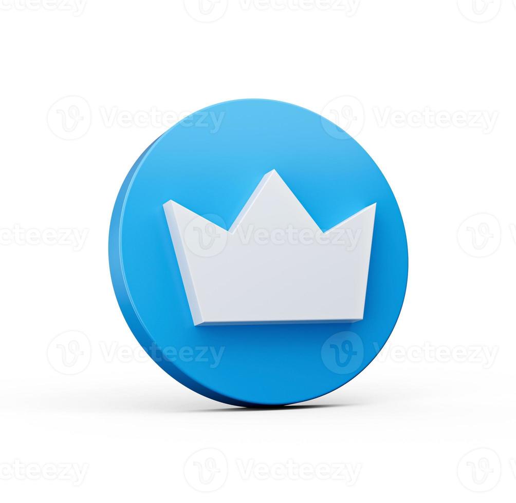 icono de corona 3d aislado sobre fondo blanco. icono de notificación de diseño web de forma redonda azul ilustración 3d foto