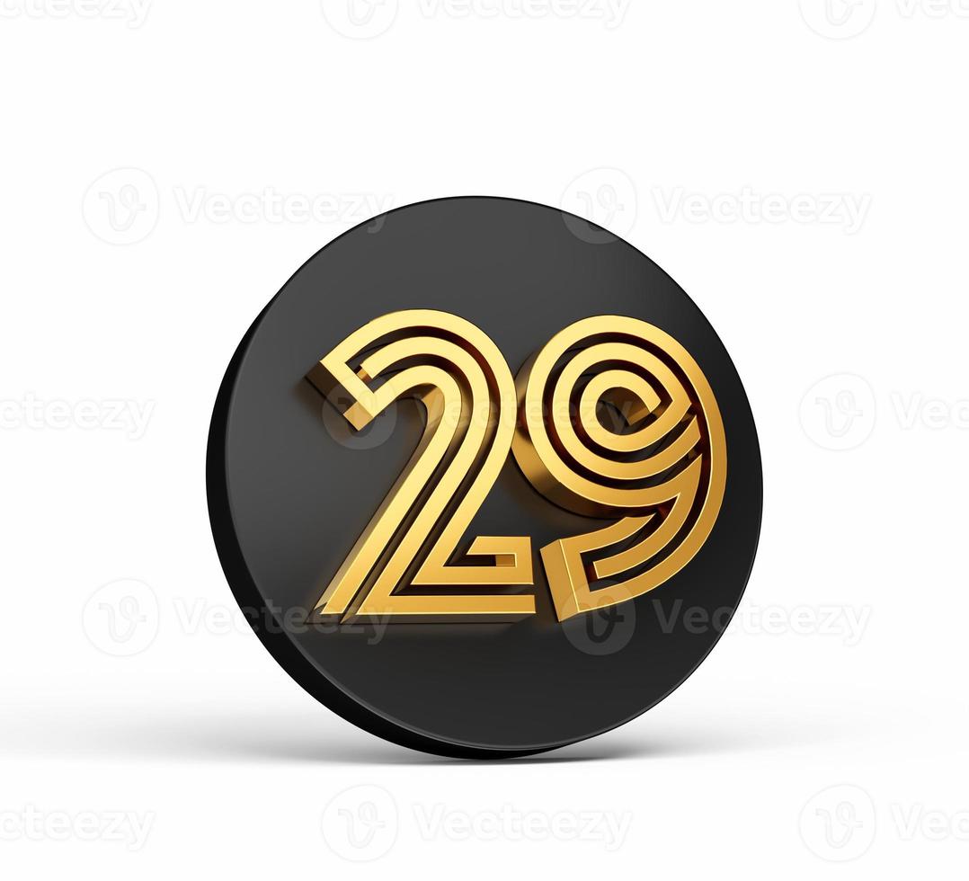 Royal Gold Modern Font. Elite 3D Digit Letter 29 Twenty nine on Black 3d button icon 3d Illustration photo