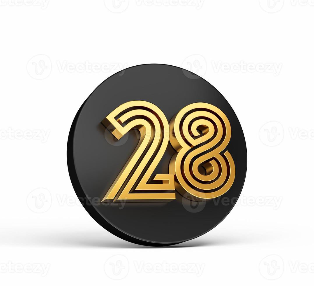 Royal Gold Modern Font. Elite 3D Digit Letter 28 Twenty Eight on Black 3d button icon 3d Illustration photo