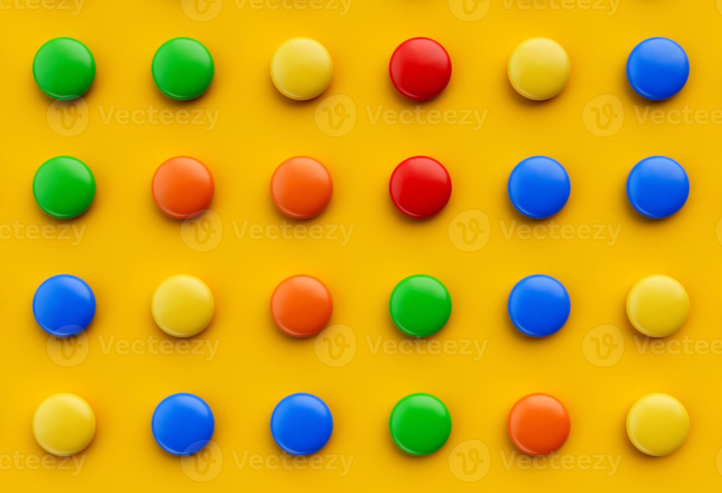 Colorful chocolate candy pills isolated on orange yellow background. Top view 3d illustration photo