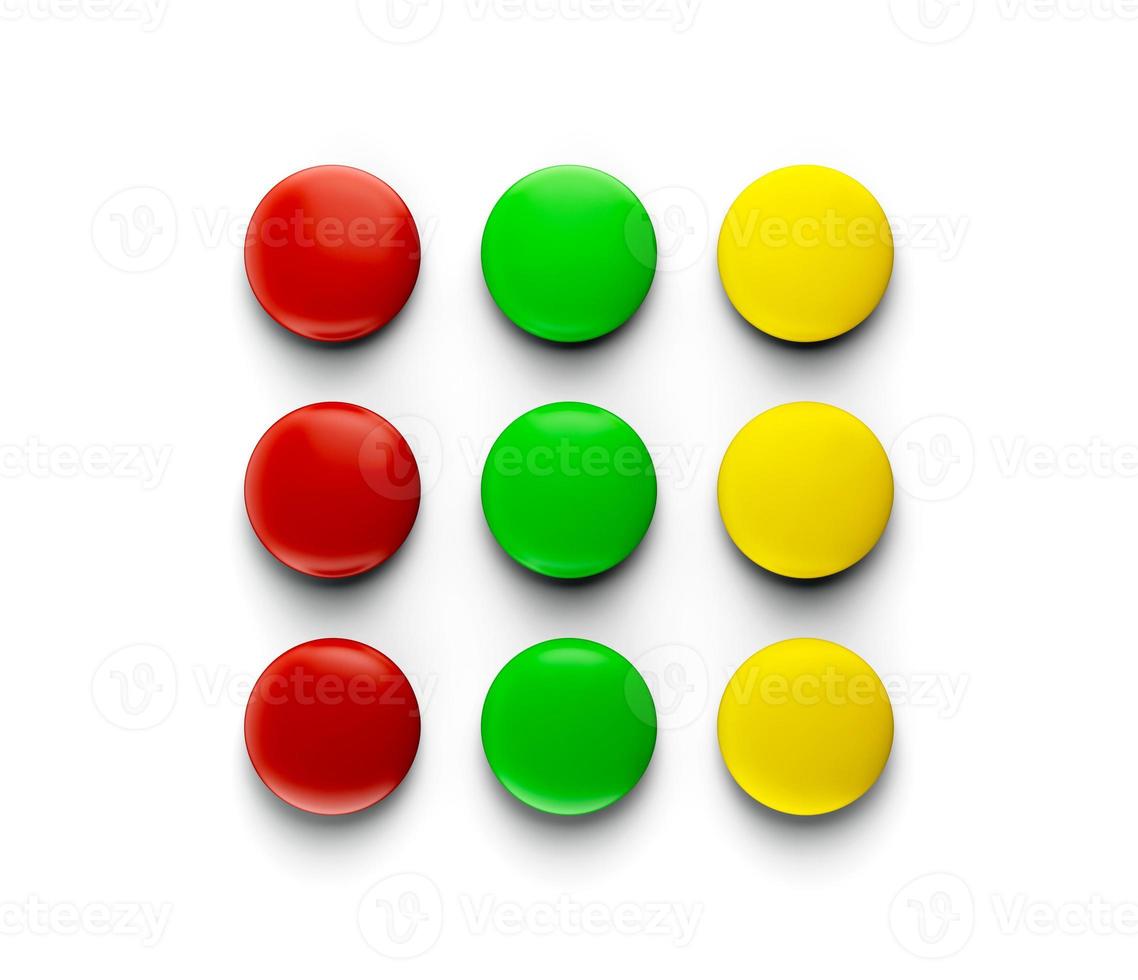 Colorful delicious chocolate candies or buttons lying in several rows, forming Traffic lights Concept Isolated on a white background 3d illustration photo