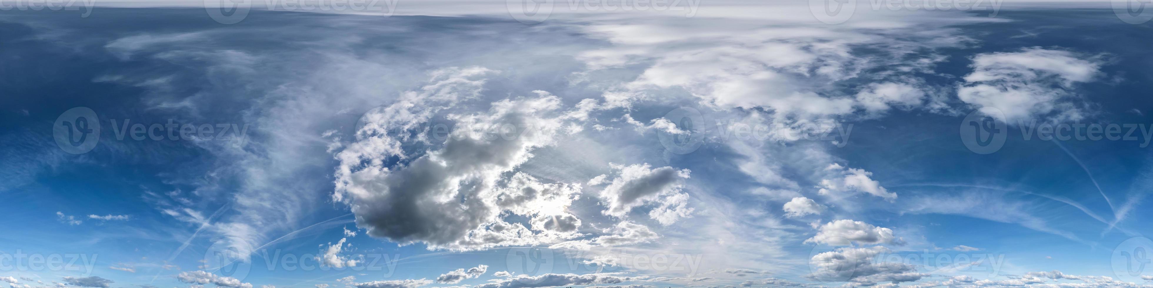 blue sky hdr 360 panorama with white beautiful clouds in seamless projection with zenith for use in 3d graphics or game development as sky dome or edit drone shot for sky replacement photo