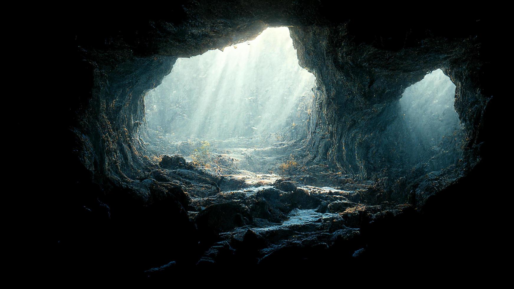 Dramatic light in dark cave landscape, mysterious and surreal, digital art photo